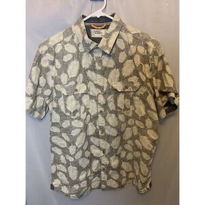 Mens L Free Planet Button Down Cotton Hawaiian Leaf Grey‎ Shirt resort